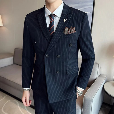 2023 Boutique (Blazer + prsluk + hlače) muška moda, poslovna, ležerna, talijanski stil, prugasti, uski vjenčani set od 3 dijela