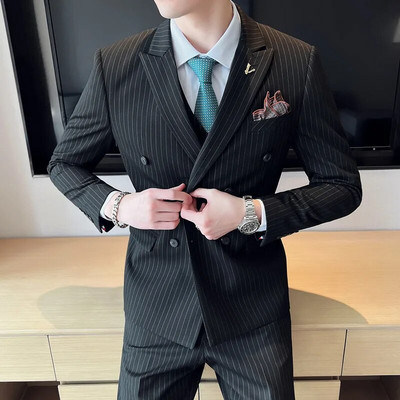 2023 Boutique (Blazer + prsluk + hlače) muška moda, poslovna, ležerna, talijanski stil, prugasti, uski vjenčani set od 3 dijela