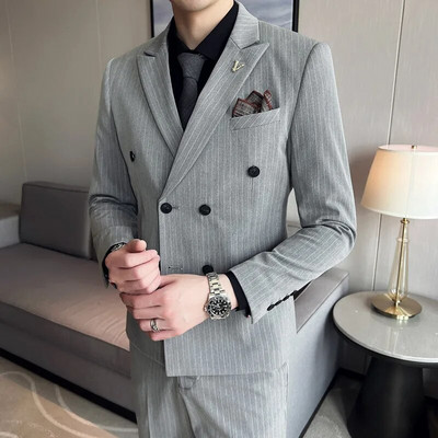 2023 Boutique (Blazer + prsluk + hlače) muška moda, poslovna, ležerna, talijanski stil, prugasti, uski vjenčani set od 3 dijela