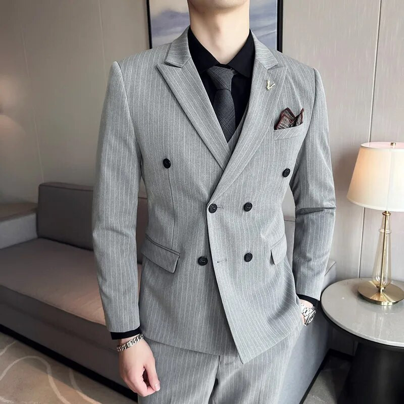 2023 Boutique (Blazer + prsluk + hlače) muška moda, poslovna, ležerna, talijanski stil, prugasti, uski vjenčani set od 3 dijela
