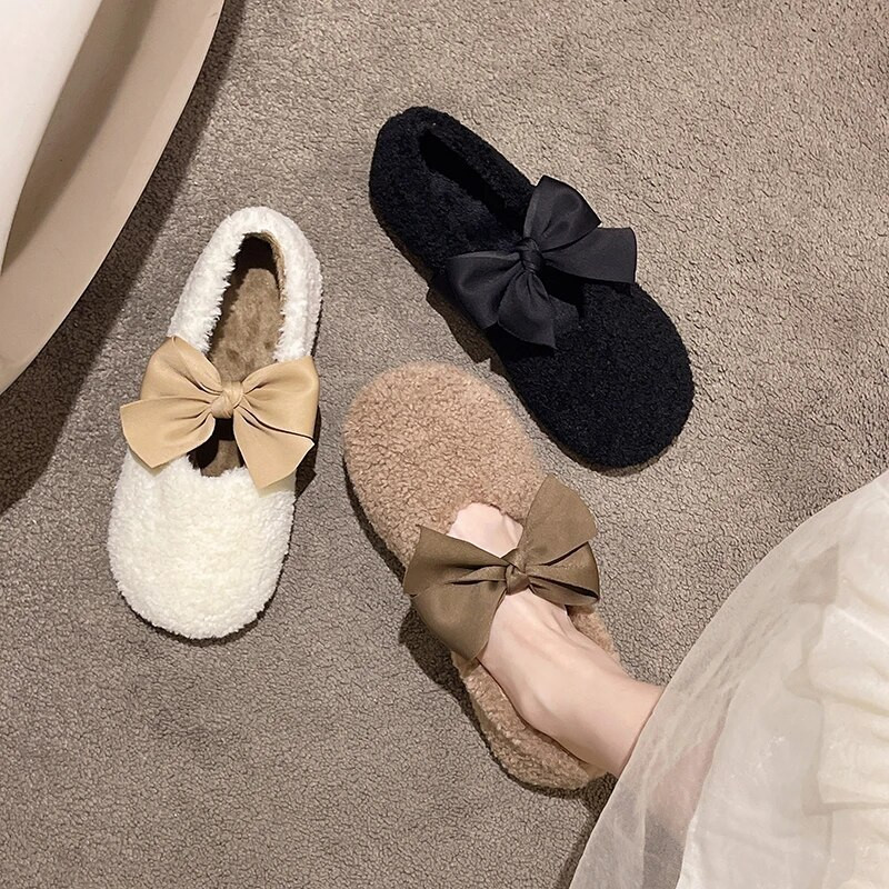 Χειμερινά ζεστά βελούδινα παπούτσια Γυναικεία ιδιοσυγκρασία μόδας 2022 Shallow Mouth Νέα βελούδινα φλατ παπιγιόν Παπούτσια Γυναικεία παπούτσια