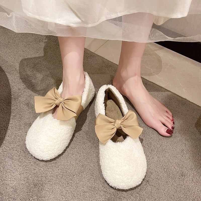 Χειμερινά ζεστά βελούδινα παπούτσια Γυναικεία ιδιοσυγκρασία μόδας 2022 Shallow Mouth Νέα βελούδινα φλατ παπιγιόν Παπούτσια Γυναικεία παπούτσια