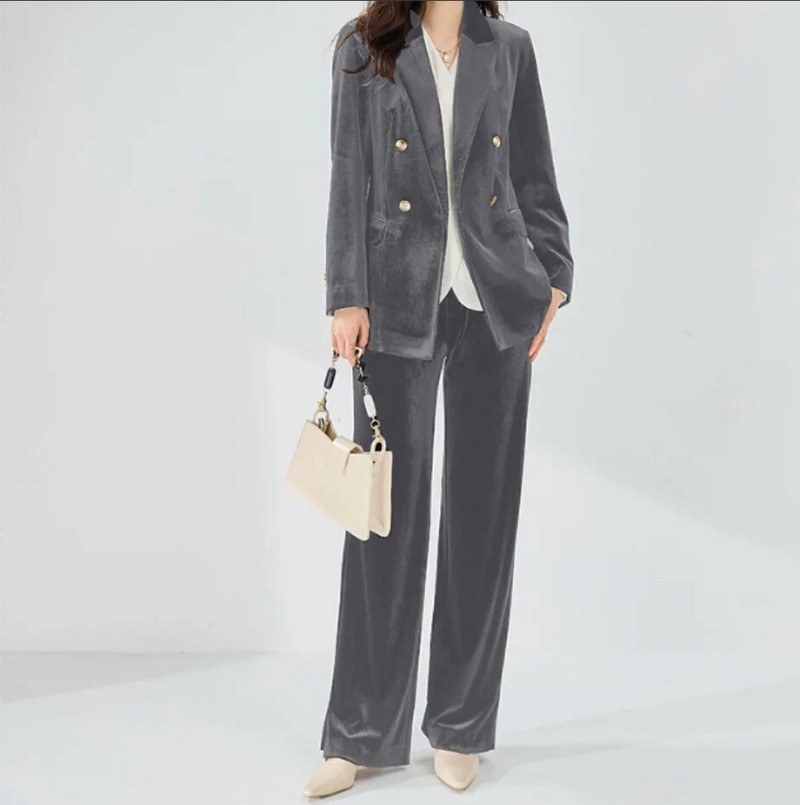 Žensko 2-dijelno baršunasto luksuzno i elegantno žensko odijelo Klasični kroj hlača s duplim kopčanjem Ženski blejzer