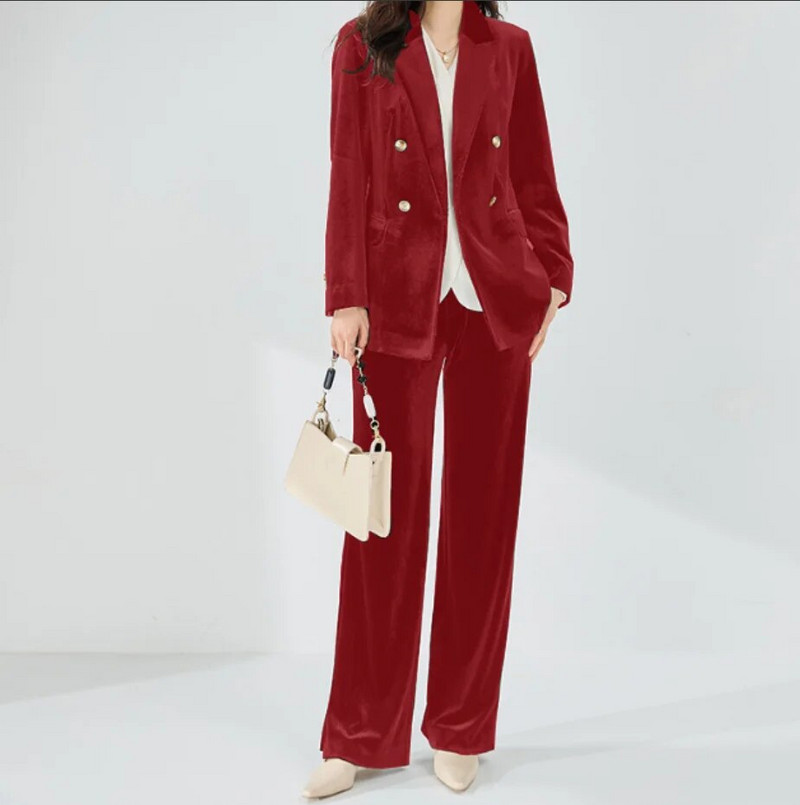Žensko 2-dijelno baršunasto luksuzno i elegantno žensko odijelo Klasični kroj hlača s duplim kopčanjem Ženski blejzer