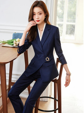 Μόδα χειμερινό γυναικείο επαγγελματικό κοστούμι παντελόνι Blazer Γυναικείο μαύρο μπλε μωβ σακάκι και παντελόνι Γυναικείο εργατικό επίσημο σετ 2 τεμαχίων
