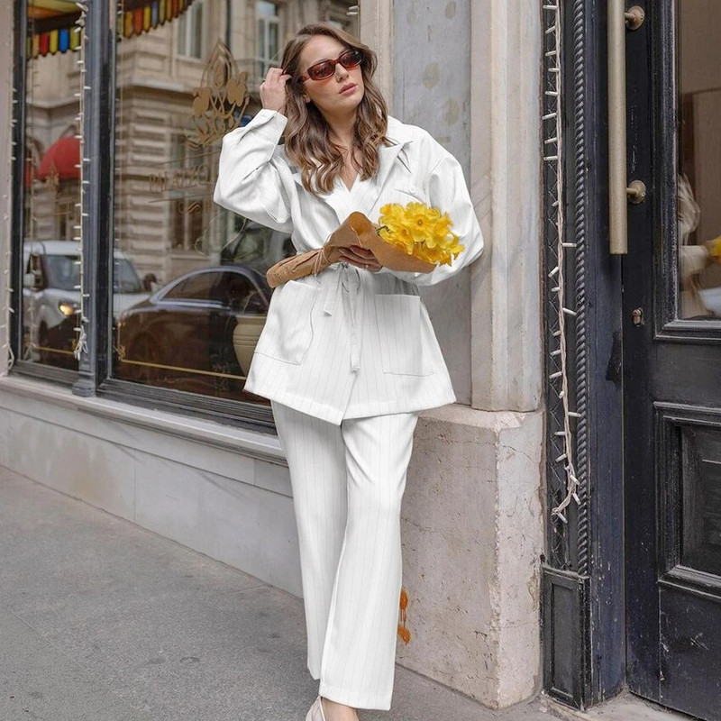 Modna prugasta odijela s hlačama za žene Jesen Zima Sako na vezanje i ležerne široke hlače Dvodijelni kompleti Uredska odijela