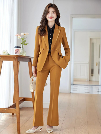 Žuto crna uredska ženska poslovna radna odjeća Odijelo s hlačama Ženska jakna Blazer i hlače Jesen Zima Ženski svečani set od 2 komada