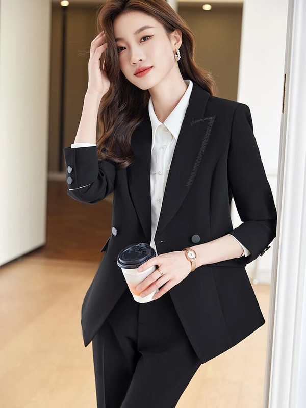 Žuto crna uredska ženska poslovna radna odjeća Odijelo s hlačama Ženska jakna Blazer i hlače Jesen Zima Ženski svečani set od 2 komada