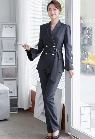 Formalni ženski blejzer Ženska poslovna odijela s kompletima Radna odjeća Korejska uredska uniforma Tamnoplava 2-dijelna jakna s velikim hlačama