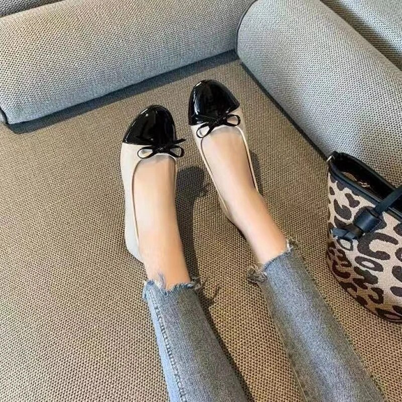 Madingi balerinų batai plokščiu apvaliu pirštu moterims Patogūs slydimo plokščiapadžiai lanko formos batai moterims Moteriški batai moterims