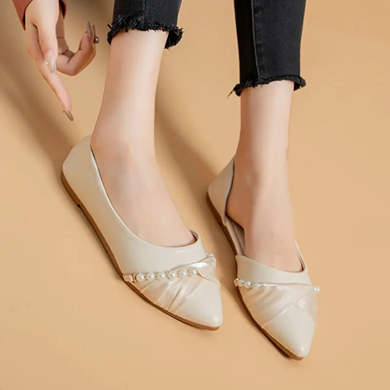 Nagy méretű 41 női balett lapos szál gyöngy csónak cipő hegyes orr csúszás lapos cipő gyöngy alacsony sarkú ruha cipő esküvői 1356N