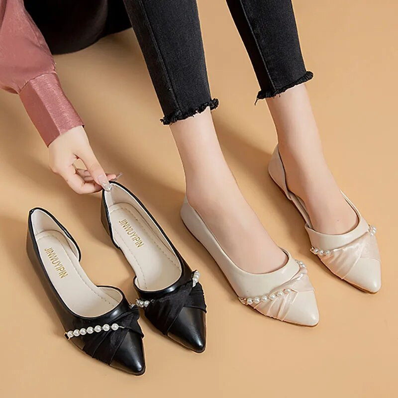 Nagy méretű 41 női balett lapos szál gyöngy csónak cipő hegyes orr csúszás lapos cipő gyöngy alacsony sarkú ruha cipő esküvői 1356N