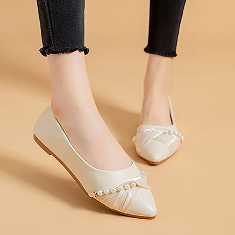 Nagy méretű 41 női balett lapos szál gyöngy csónak cipő hegyes orr csúszás lapos cipő gyöngy alacsony sarkú ruha cipő esküvői 1356N