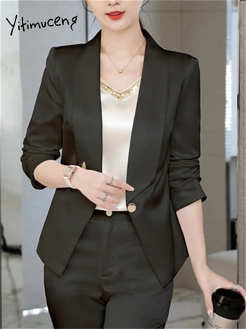 Yitimuceng Solid γυναικείες φόρμες Σετ γραφείου 2023 Νέα μόδα μακρυμάνικο σακάκι με μονό κουμπί Vintage κομψά μονόχρωμα παντελόνια