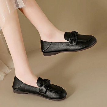 Нови дамски мокасини Обувки с плоски пръсти с квадратни пръсти Женски плоски обувки с плитка Черни мокасини Кожени обувки с квадратни пръсти Zapatos Mujer 1450N