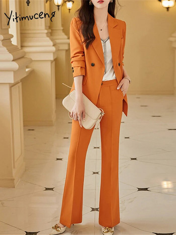 Yitimuceng Slim Γυναικείες Κοστούμια Σετ γραφείου 2023 Νέα μακρυμάνικα με στριφογυριστό γιακά Μπλέιζερ Κομψά παντελόνια παντελόνια με ψηλόμεσες στολές