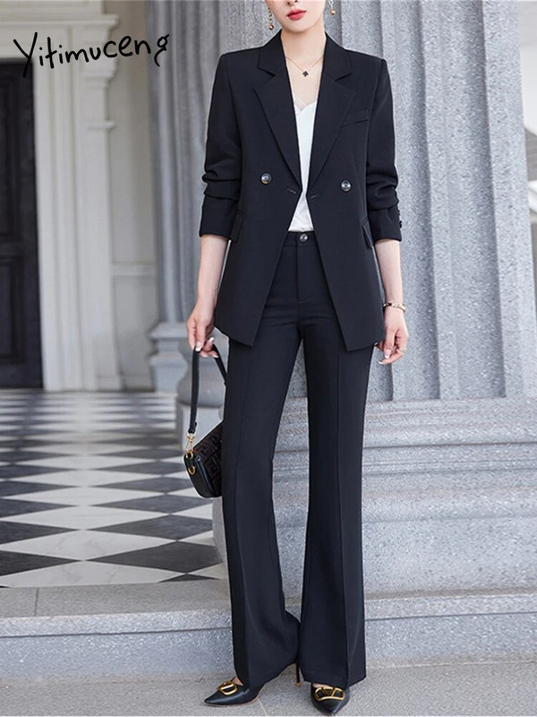 Yitimuceng tanka ženska odijela Uredski kompleti 2023. Novi dugi rukavi s otvorenim ovratnikom Blazer Chic Hlače s visokim strukom Odijela s hlačama