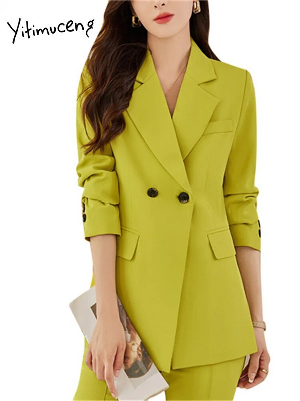 Yitimuceng tanka ženska odijela Uredski kompleti 2023. Novi dugi rukavi s otvorenim ovratnikom Blazer Chic Hlače s visokim strukom Odijela s hlačama