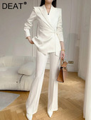 DEAT Fashion sieviešu 2 gab komplekts ar robainu apkakli, mežģīņu vidukļa žakete vienkrāsains bikškostīms līdz grīdai, 2023. gada rudens, jauns 7AB634