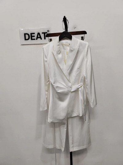 DEAT Fashion sieviešu 2 gab komplekts ar robainu apkakli, mežģīņu vidukļa žakete vienkrāsains bikškostīms līdz grīdai, 2023. gada rudens, jauns 7AB634