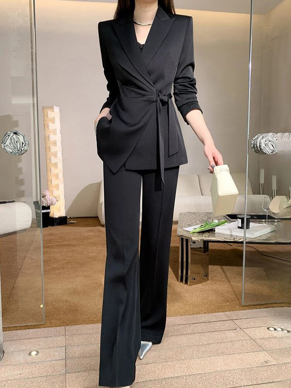 DEAT Fashion sieviešu 2 gab komplekts ar robainu apkakli, mežģīņu vidukļa žakete vienkrāsains bikškostīms līdz grīdai, 2023. gada rudens, jauns 7AB634