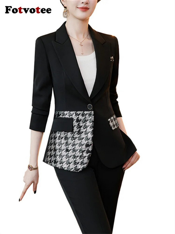 Fotvotee Uredska ženska odijela za žene Nova moda 2023., uski sako dugih rukava, šik ležerna jednobojna odijela s širokim hlačama visokog struka