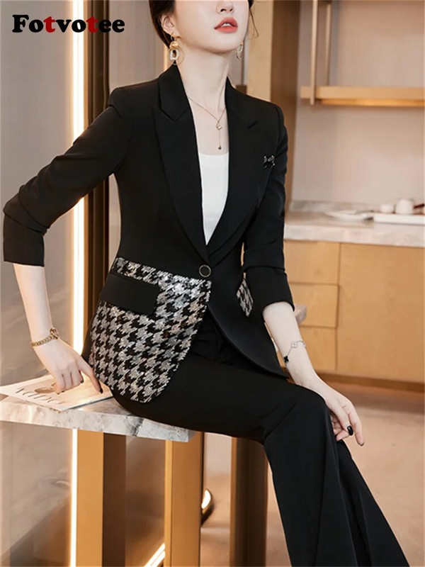 Fotvotee Uredska ženska odijela za žene Nova moda 2023., uski sako dugih rukava, šik ležerna jednobojna odijela s širokim hlačama visokog struka