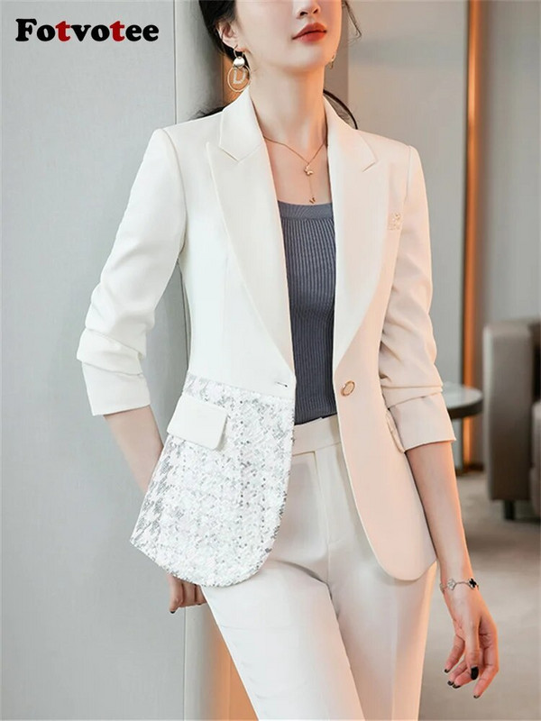 Fotvotee Uredska ženska odijela za žene Nova moda 2023., uski sako dugih rukava, šik ležerna jednobojna odijela s širokim hlačama visokog struka