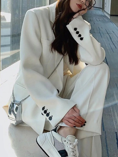 Naiste vabaaja vabaaja pükskostüüm Vintage bleiseriga Elegantne soliidne šikk jakid ja püksid, 2-osaline komplekt Naiste pidulik kontoripükste ülikond