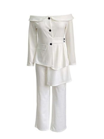 Γυναικεία κοστούμια παντελονιού γραφείου 2023 Φθινόπωρο Νέο μακρυμάνικο πλατύ λαιμό ακανόνιστο μπλέιζερ + ψηλόμεσο μονόχρωμο φαρδύ παντελόνι