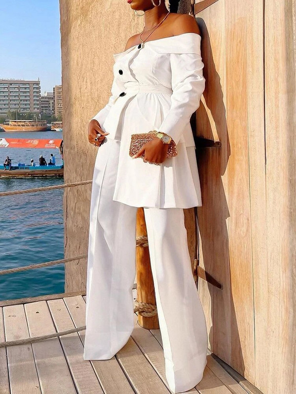 Uredska odjeća Ženska odijela s hlačama Novo jesen 2023. Nepravilan sako s dugim rukavima i širokim izrezom + jednobojne široke hlače visokog struka