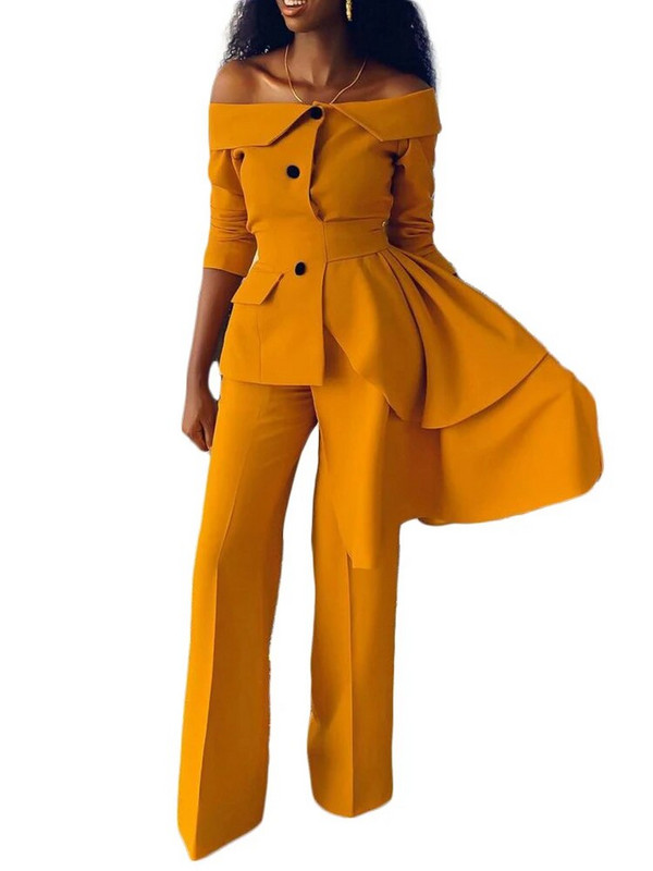 Uredska odjeća Ženska odijela s hlačama Novo jesen 2023. Nepravilan sako s dugim rukavima i širokim izrezom + jednobojne široke hlače visokog struka