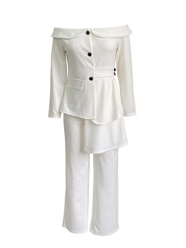 Uredska odjeća Ženska odijela s hlačama Novo jesen 2023. Nepravilan sako s dugim rukavima i širokim izrezom + jednobojne široke hlače visokog struka