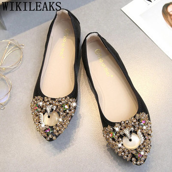Блестящи обувки Пролетни обувки Дамски дамски обувки със страз, големи размери, приплъзващи се обувки за жени Модни черни мокасини с равни обувки Sepatu Wanita Korea