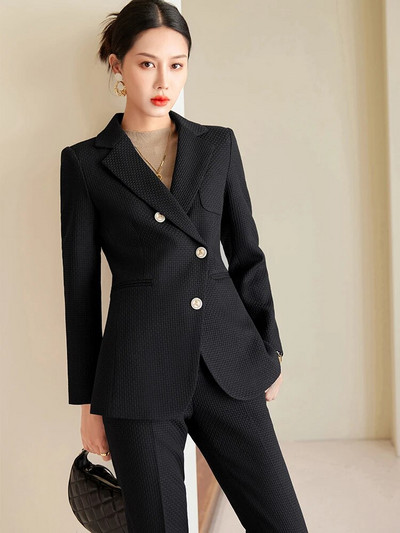 Žensko tkano formalno odijelo s hlačama Jesen kava bež crna uska ženska jakna i hlače Poslovni radni modni 2-dijelni komplet sakoa