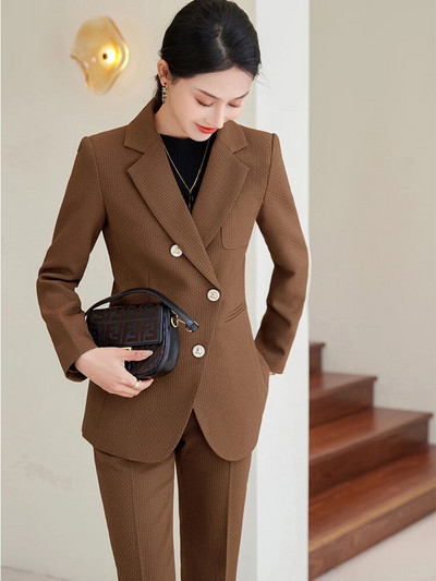 Žensko tkano formalno odijelo s hlačama Jesen kava bež crna uska ženska jakna i hlače Poslovni radni modni 2-dijelni komplet sakoa