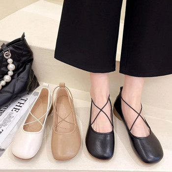 Дамски обувки с равни обувки с нисък ток и еластична лента с кръстосани връзки Дамски обувки тип лодка с кръгли пръсти Обувки за момичета на принцеса-балерина Zapatos Mujer 9666N