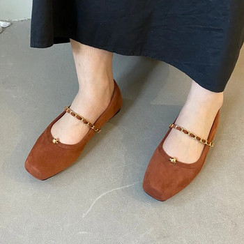 Нови дамски обувки с равни обувки с верига Mary Jane Обувки с квадратни пръсти Обувки от изкуствен велур Дизайнерски обувки с метална топка за жени, пролет 1194N