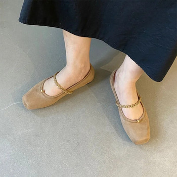 Нови дамски обувки с равни обувки с верига Mary Jane Обувки с квадратни пръсти Обувки от изкуствен велур Дизайнерски обувки с метална топка за жени, пролет 1194N
