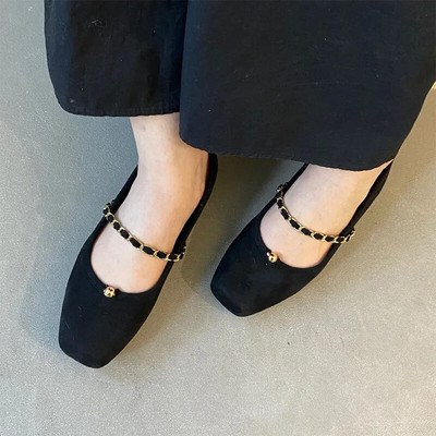 Νέα γυναικεία φλατ Αλυσίδα Mary Jane Shoes Square Toe Faux Suede Boat Shoes Metal Ball Designer shoes for Women Spring 1194N