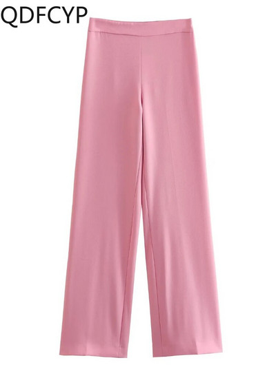 Női blézer 2023, új őszi, elegáns, alkalmi irodai női rózsaszín kabát, divatos, magas derekú, bő, széles szárú nadrág, nadrágkosztüm