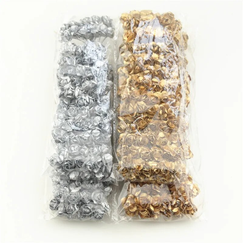 Vairumtirdzniecība 144/partija Viens iepakojums Galva 2cm Zelta sudraba plūme Mākslīgā mini papīra roze Scrapbooking kāzu dekorācijas rokdarbi