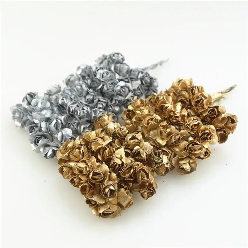 Vairumtirdzniecība 144/partija Viens iepakojums Galva 2cm Zelta sudraba plūme Mākslīgā mini papīra roze Scrapbooking kāzu dekorācijas rokdarbi