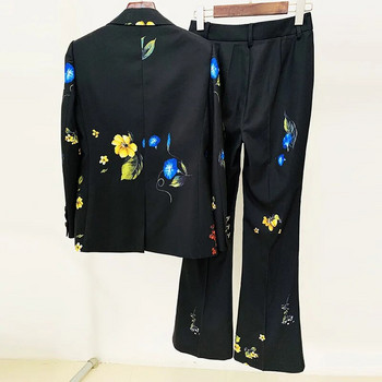 GetSpring Γυναικείες φόρμες παντελονιών 2023 Φθινοπωρινά λουλούδια με εμπριμέ μονό κουμπί παλτό ζιβάγκο ψηλόμεσο μακρυά παντελόνι σετ δύο τεμαχίων Νέα