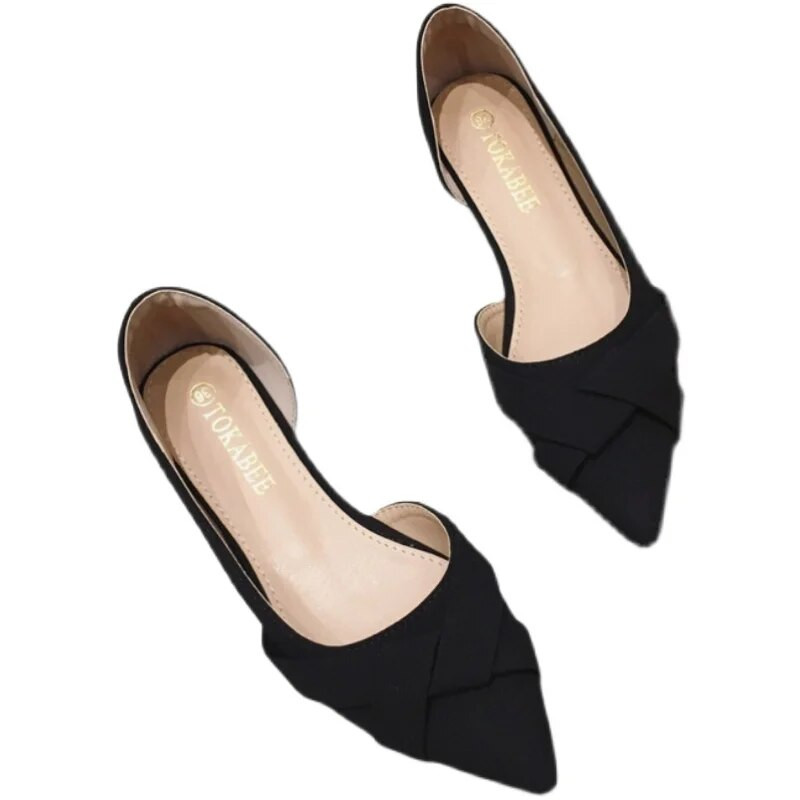 Proljeće Jesen Nove plitke ženske cipele sa šiljatim vrhom, udoban mekani potplat Lagane radne cipele Ženske crne nabrane cipele za čamac