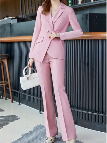 Νέα Office Lady γυναικεία κοστούμια 2 τεμαχίων με μακρυμάνικο V λαιμόκοψη και παντελόνι Vintage σετ Γυναικεία παντελόνια μόδας