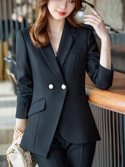 Nauji biuro moteriški solidūs moteriški kostiumai 2 dalių V kaklo ilgomis rankovėmis oficialus švarkas ir kelnės Vintažiniai komplektai Moteriški madingi kelnių kostiumai