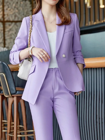 Nauji biuro moteriški solidūs moteriški kostiumai 2 dalių V kaklo ilgomis rankovėmis oficialus švarkas ir kelnės Vintažiniai komplektai Moteriški madingi kelnių kostiumai