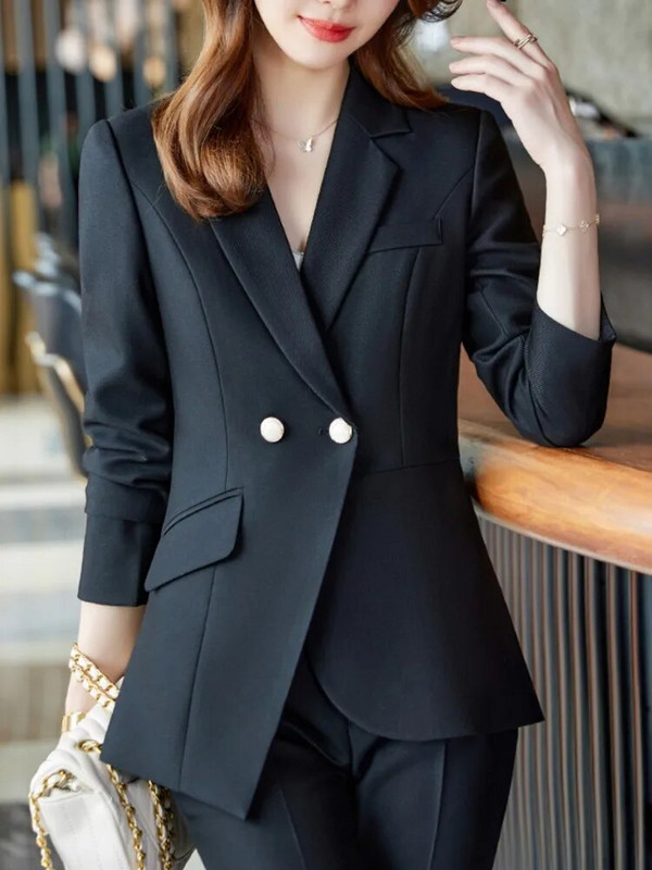 Nauji biuro moteriški solidūs moteriški kostiumai 2 dalių V kaklo ilgomis rankovėmis oficialus švarkas ir kelnės Vintažiniai komplektai Moteriški madingi kelnių kostiumai