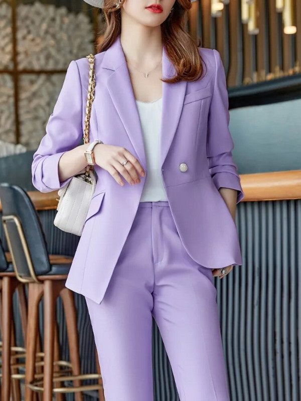 Nauji biuro moteriški solidūs moteriški kostiumai 2 dalių V kaklo ilgomis rankovėmis oficialus švarkas ir kelnės Vintažiniai komplektai Moteriški madingi kelnių kostiumai